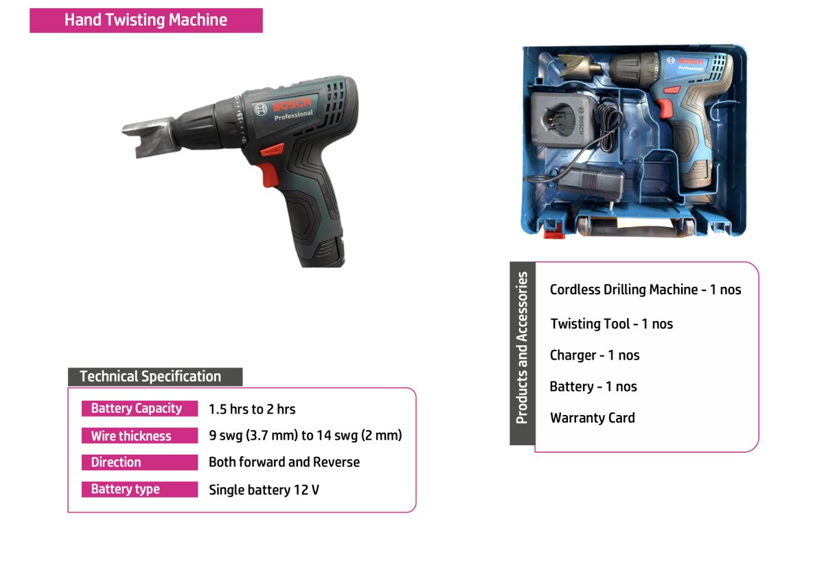 Hand twisting machine kit: cordless drilling machine, twisting tool, charger and battery in case